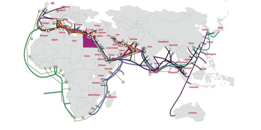 A map of the world with different colored lines  Description automatically generated